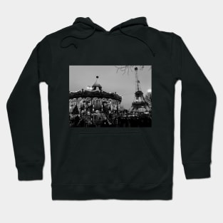 Black and White Eiffel Tower Photography, Carousel, Paris, France Hoodie